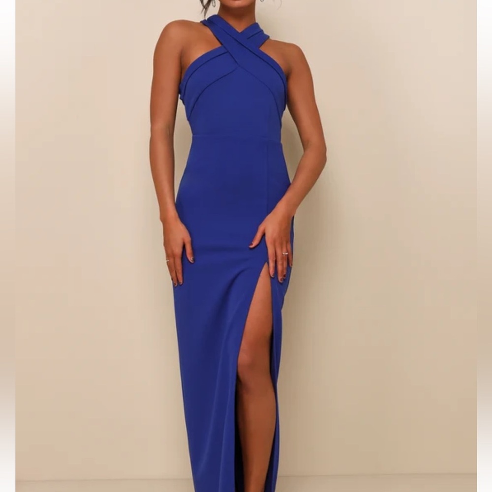 Lulu's Blue Halter Slit Dress for Weddings